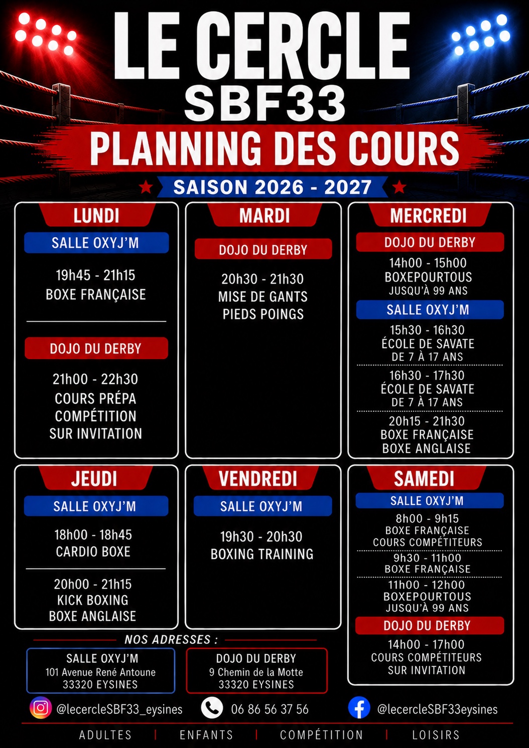Planning des cours du Cercle SBF33 pour la saison 2026-2027